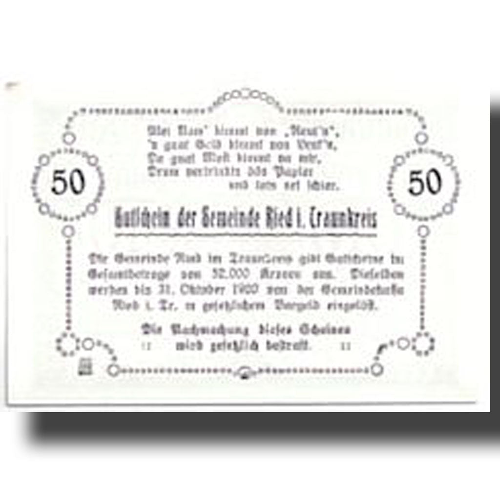 Geldschein, Österreich, Reid im Traunkreis, 50 Heller, Eglise, 1920