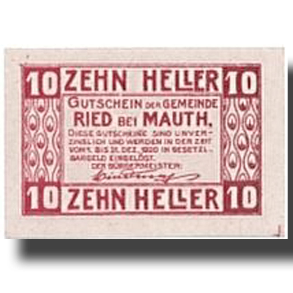 Banknote, Austria, Ried bei Mauth., 10 Heller, paysage, 1920, UNC(63), Mehl:833a