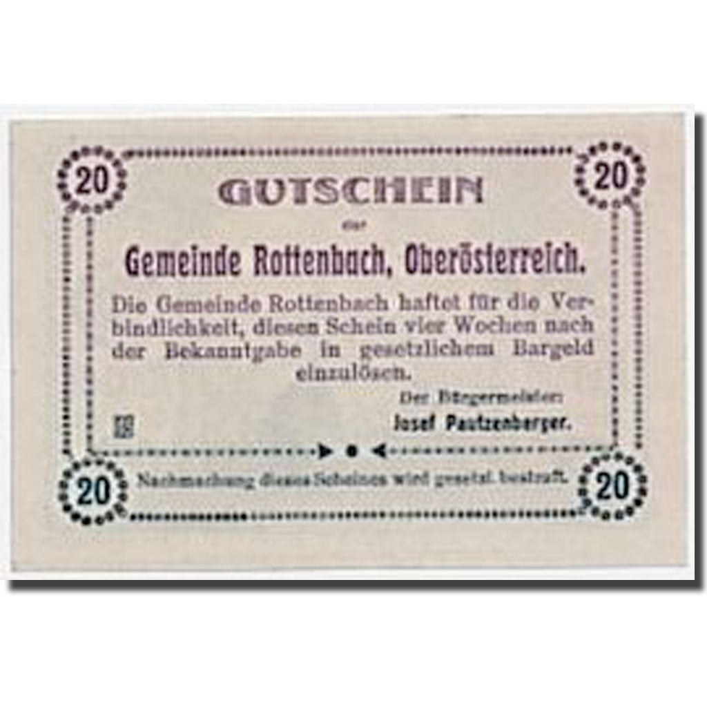 Banknote, Austria, Rottenbach, 20 Heller, paysage, UNC(63), Mehl:851