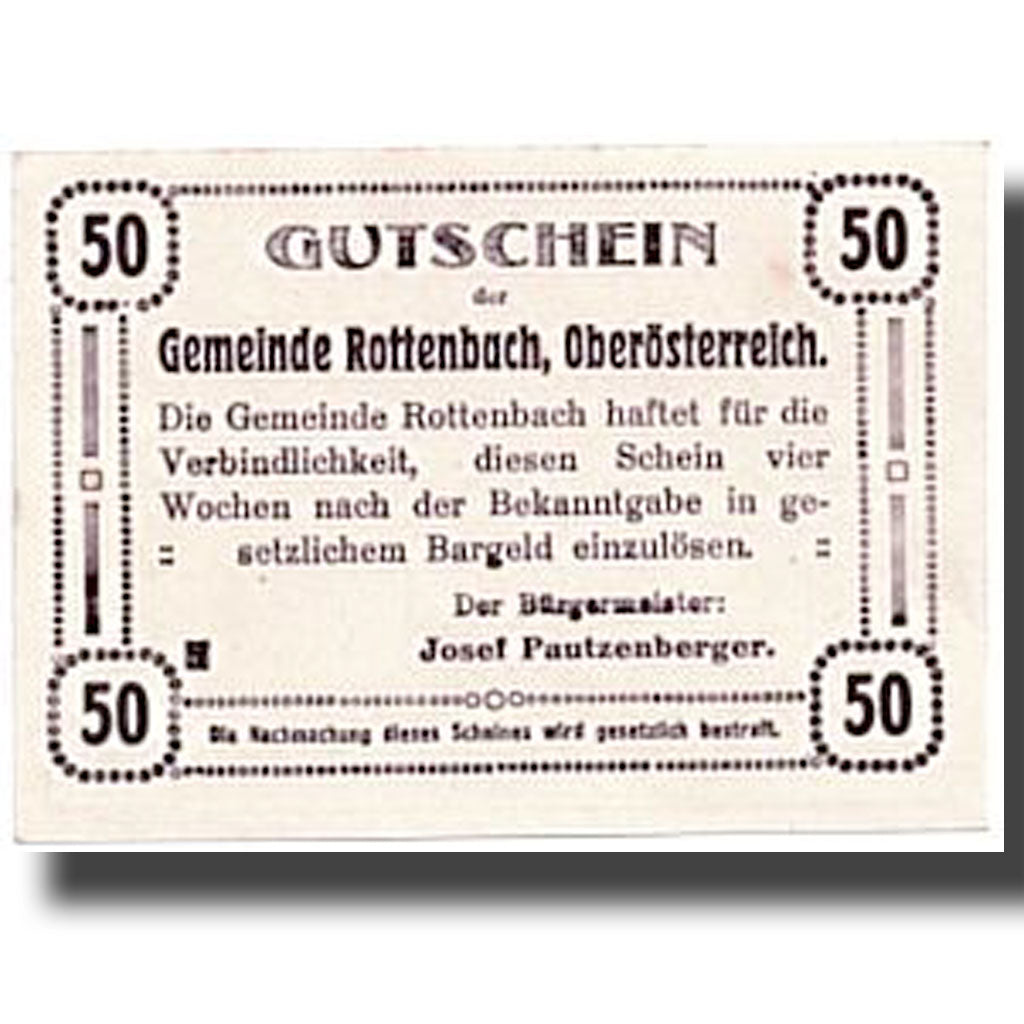 Banknote, Austria, Rottenbach, 50 Heller, paysage, UNC(63), Mehl:851