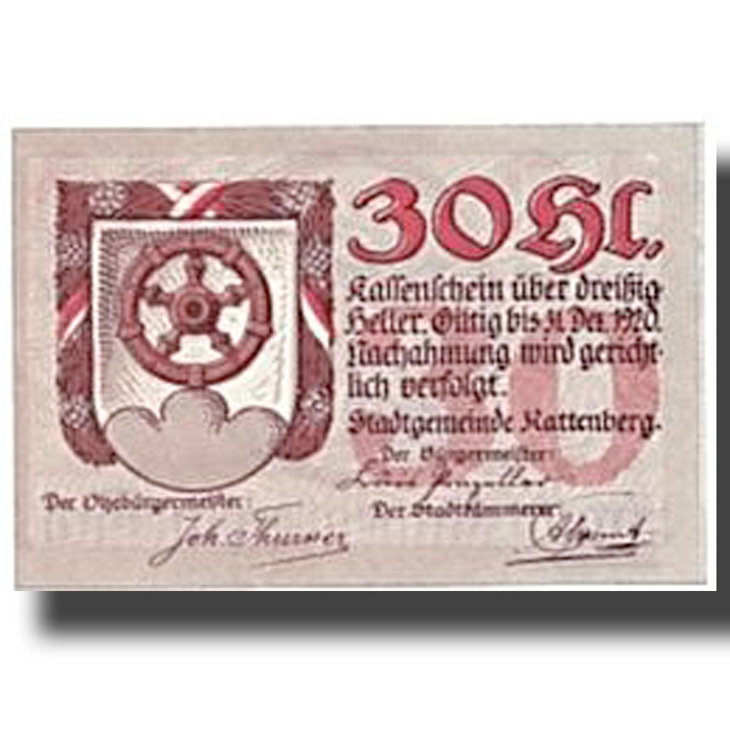 Banknote, Austria, Rattenberg Tirol Stadt, 30 Heller, Ecusson 1, UNC(63)
