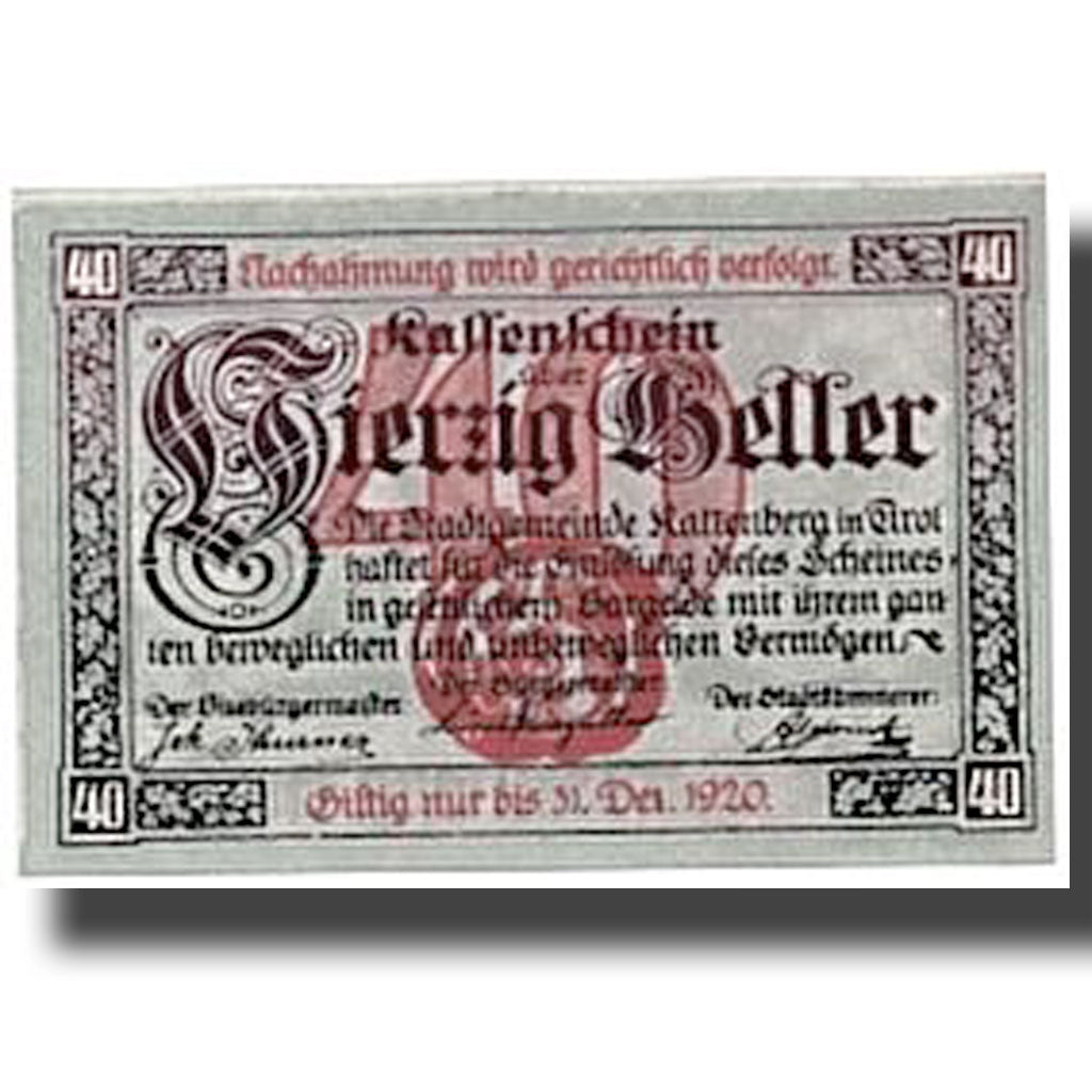 Banknote, Austria, Rattenberg Tirol Stadt, 40 Heller, paysage, UNC(63)