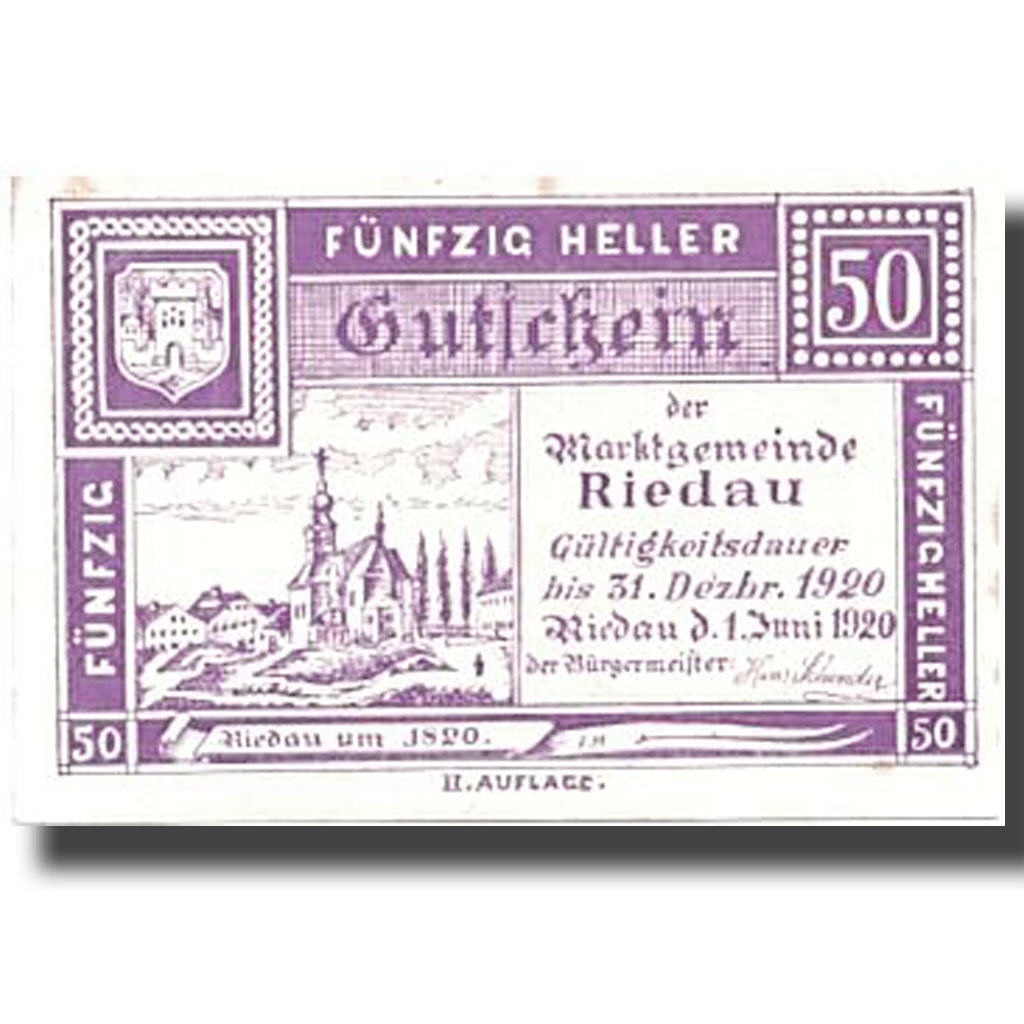 Banknote, Austria, Riedau, 50 Heller, paysage, 1920, 1920-06-01, UNC(63)