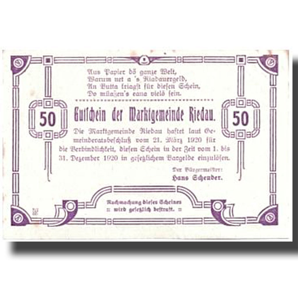 Banknote, Austria, Riedau, 50 Heller, paysage, 1920, 1920-06-01, UNC(63)