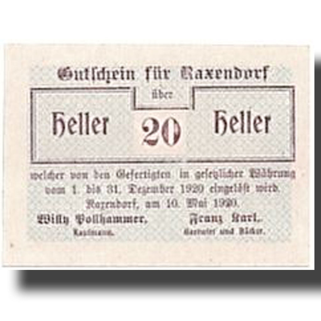 Banknote, Austria, Raxendorf, 20 Heller, graphique, 1920, 1920-05-10, UNC(63)