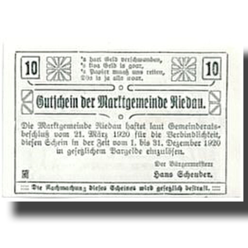 Banconote, Austria, Riedau, 10 Heller, Ecusson, 1920, 1920-06-01, SPL, Mehl:837