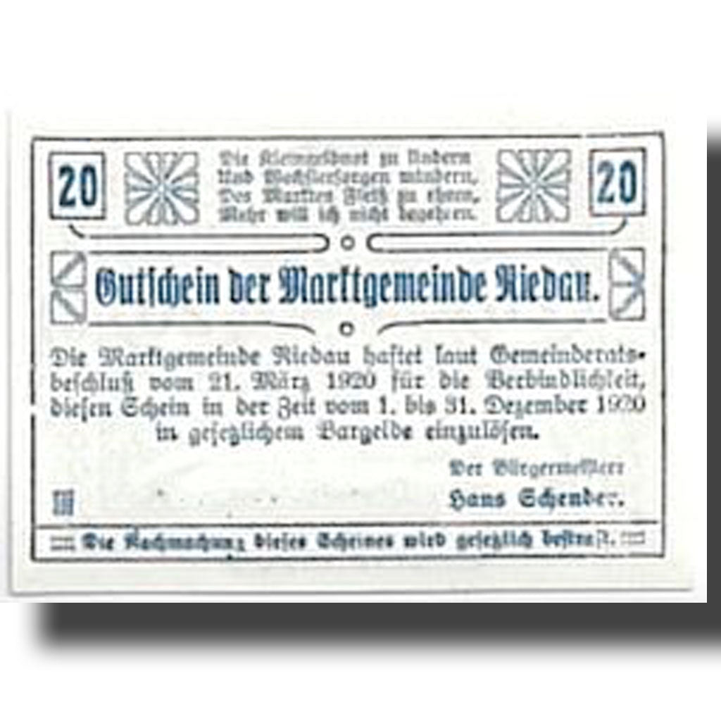 Banknote, Austria, Riedau, 20 Heller, Ecusson, 1920, 1920-06-01, UNC(63)