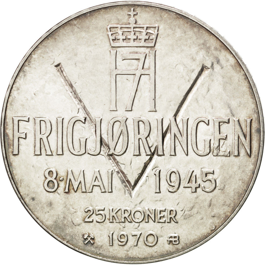 Moneta, Norwegia, Olav V, 25 Kroner, 1970, AU(55-58), Srebro, KM:414