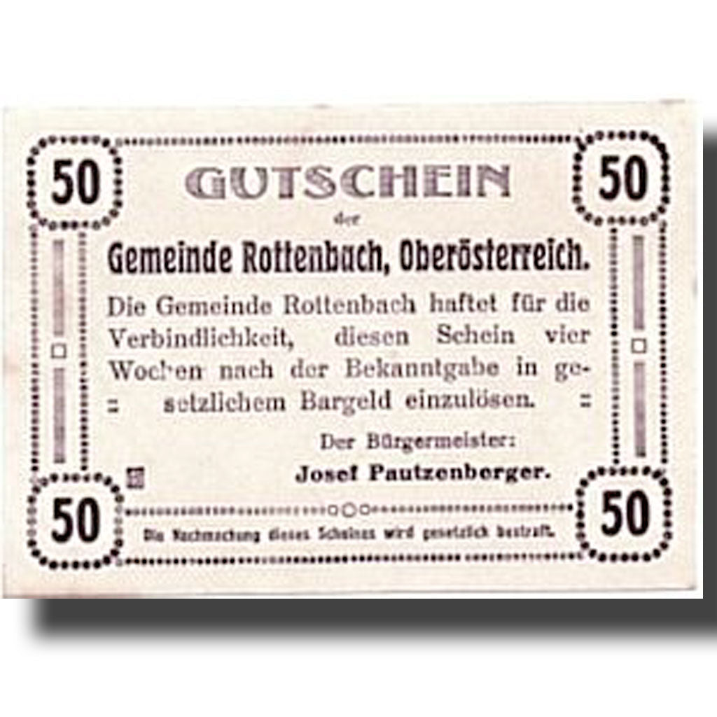 Banknote, Austria, Rottenbach, 50 Heller, paysage, UNC(63), Mehl:851 I