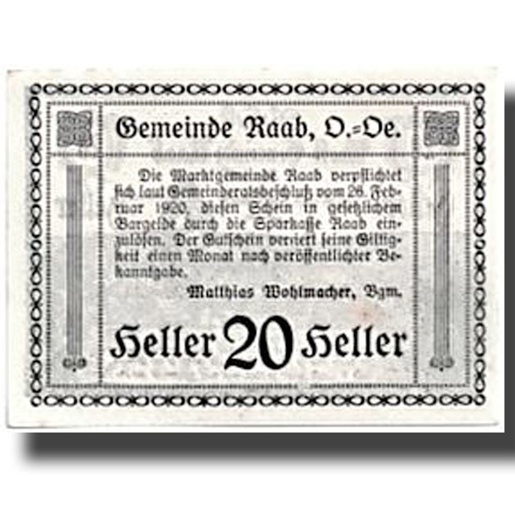 Banknote, Austria, Raab, 20 Heller, paysage, 1920, 1920-02-20, UNC(63), Mehl:805