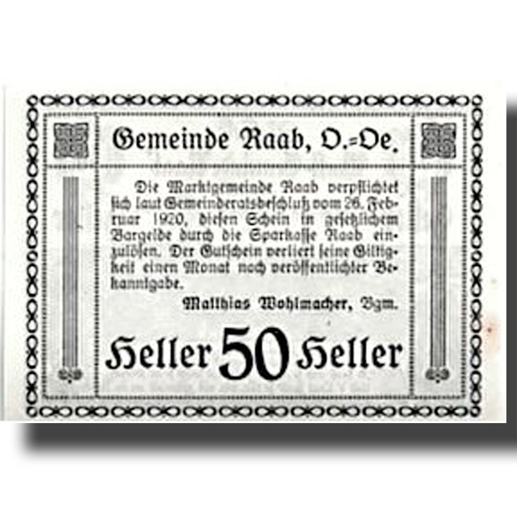 Banknote, Austria, Raab, 50 Heller, paysage, 1920, 1920-02-20, UNC(63), Mehl:805