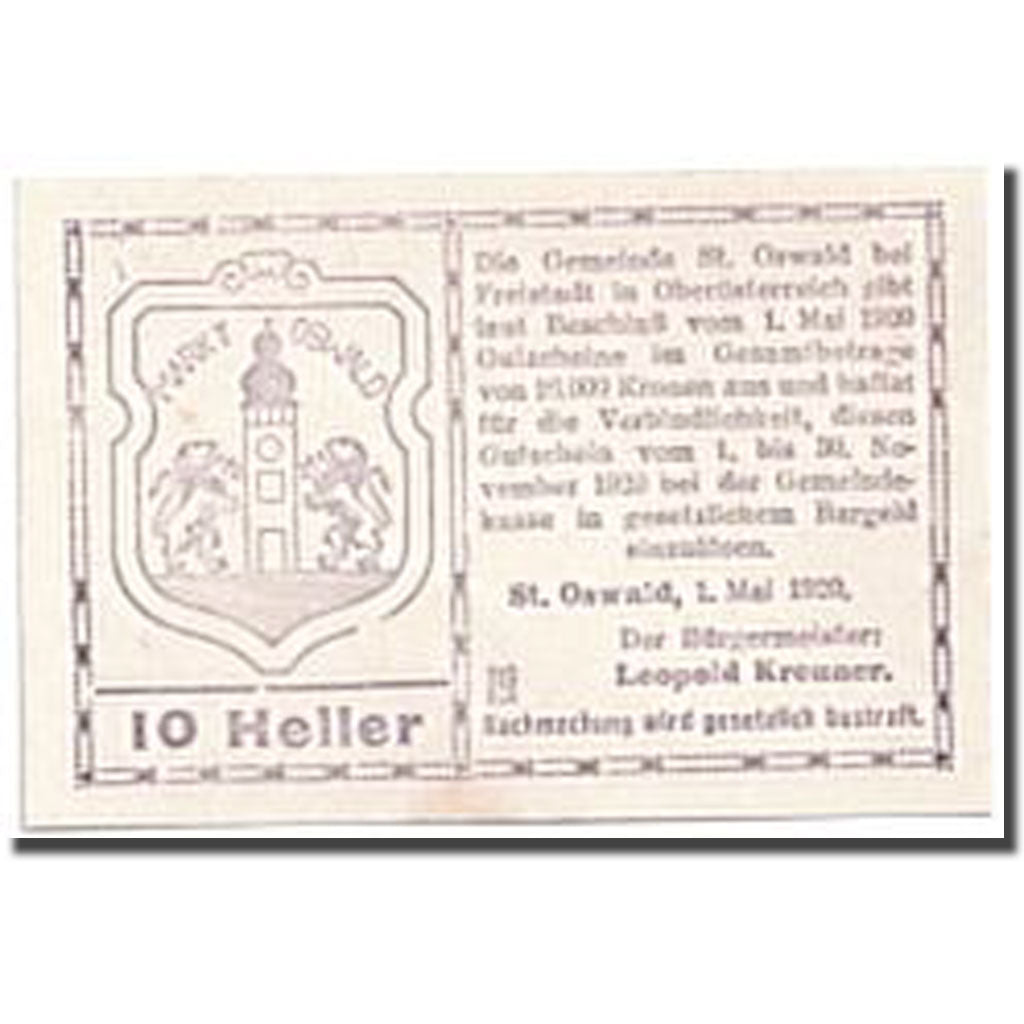 Geldschein, Österreich, St Oswald, 10 Heller, Eglise, 1920, 1920-05-01, UNZ-