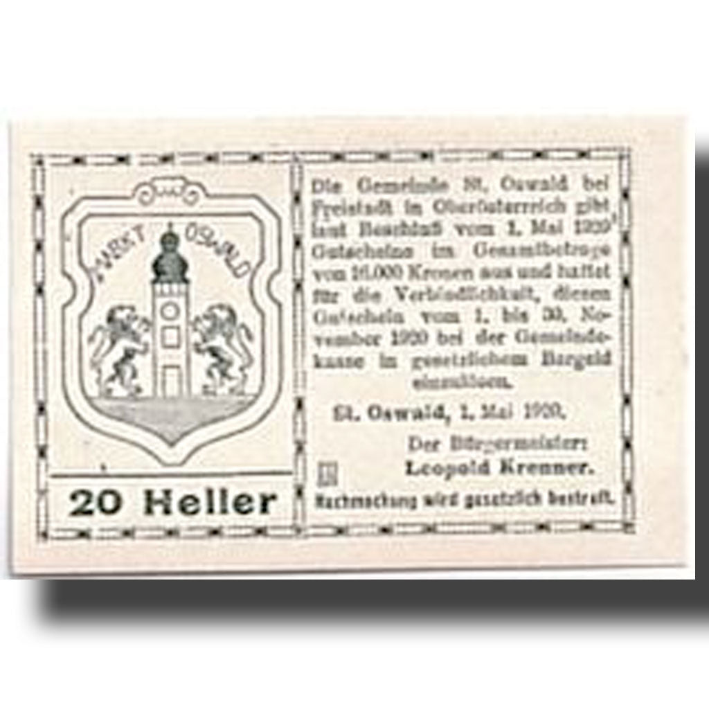 Geldschein, Österreich, St Oswald, 20 Heller, Eglise, 1920, 1920-05-01, UNZ-
