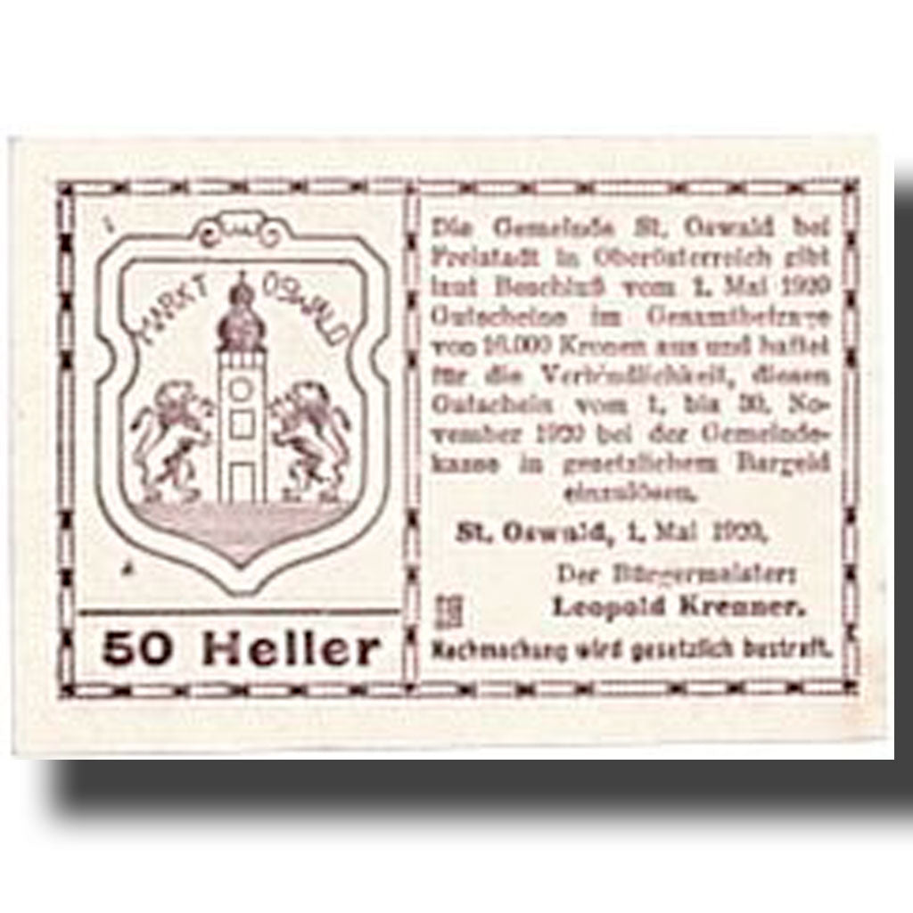 Banknote, Austria, St Oswald, 50 Heller, Eglise, 1920, 1920-05-01, UNC(63)