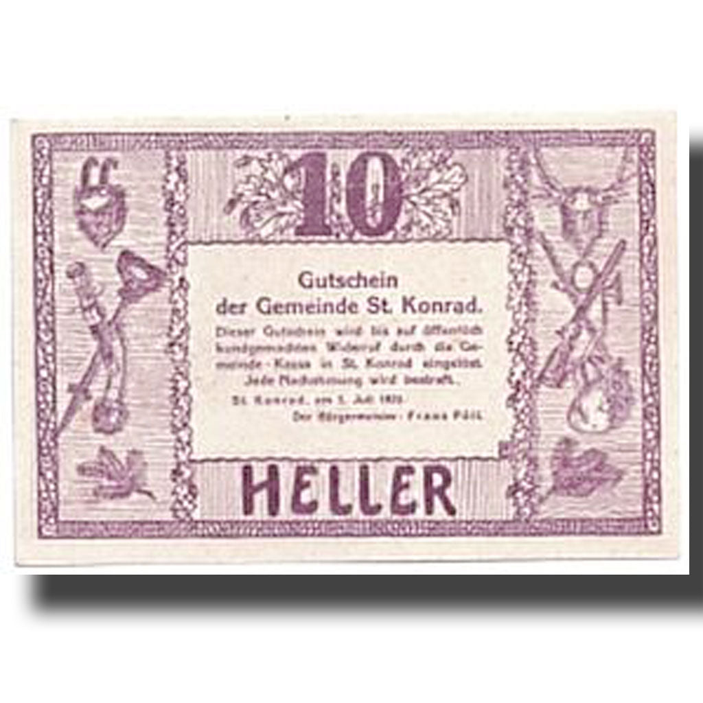 Banknote, Austria, ST KONRAD, 10 Heller, paysage, 1920, 1920-07-01, UNC(63)