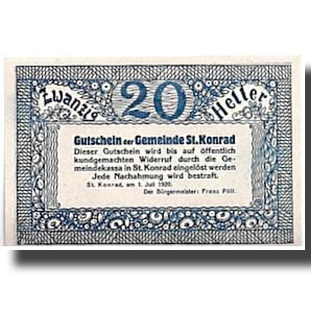 Banknote, Austria, ST KONRAD, 20 Heller, paysage, 1920, 1920-07-01, UNC(63)