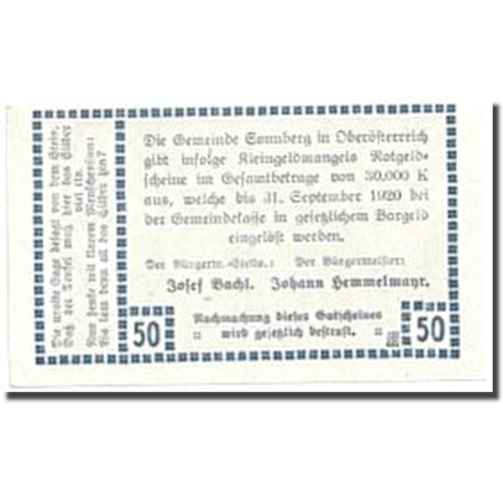 Banknote, Austria, Sonnberg O.Ö. Gemeinde, 50 Heller, paysage, UNC(63)