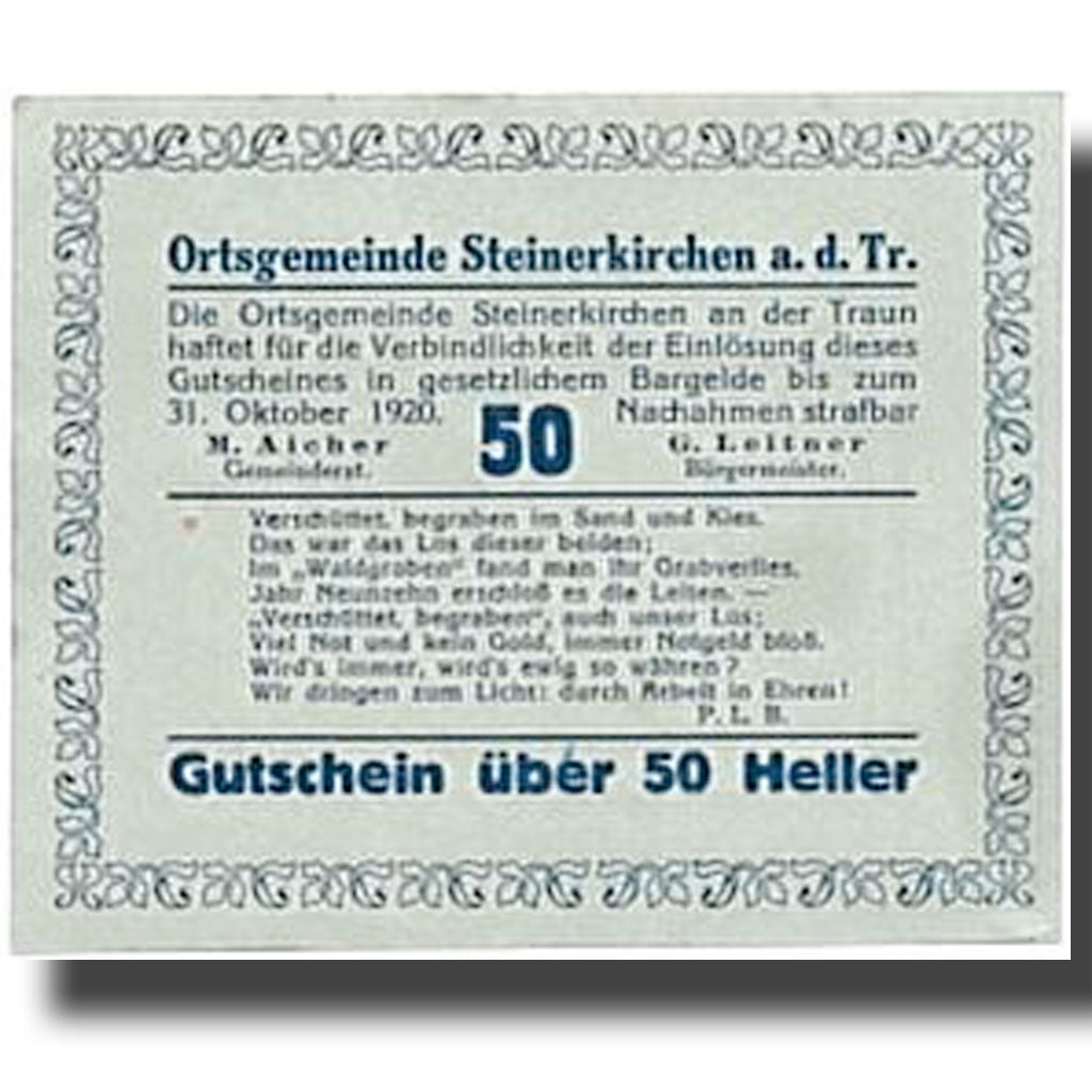 Banknote, Austria, Steinerkirchen an der Traun, 50 Heller, personnage, UNC(63)