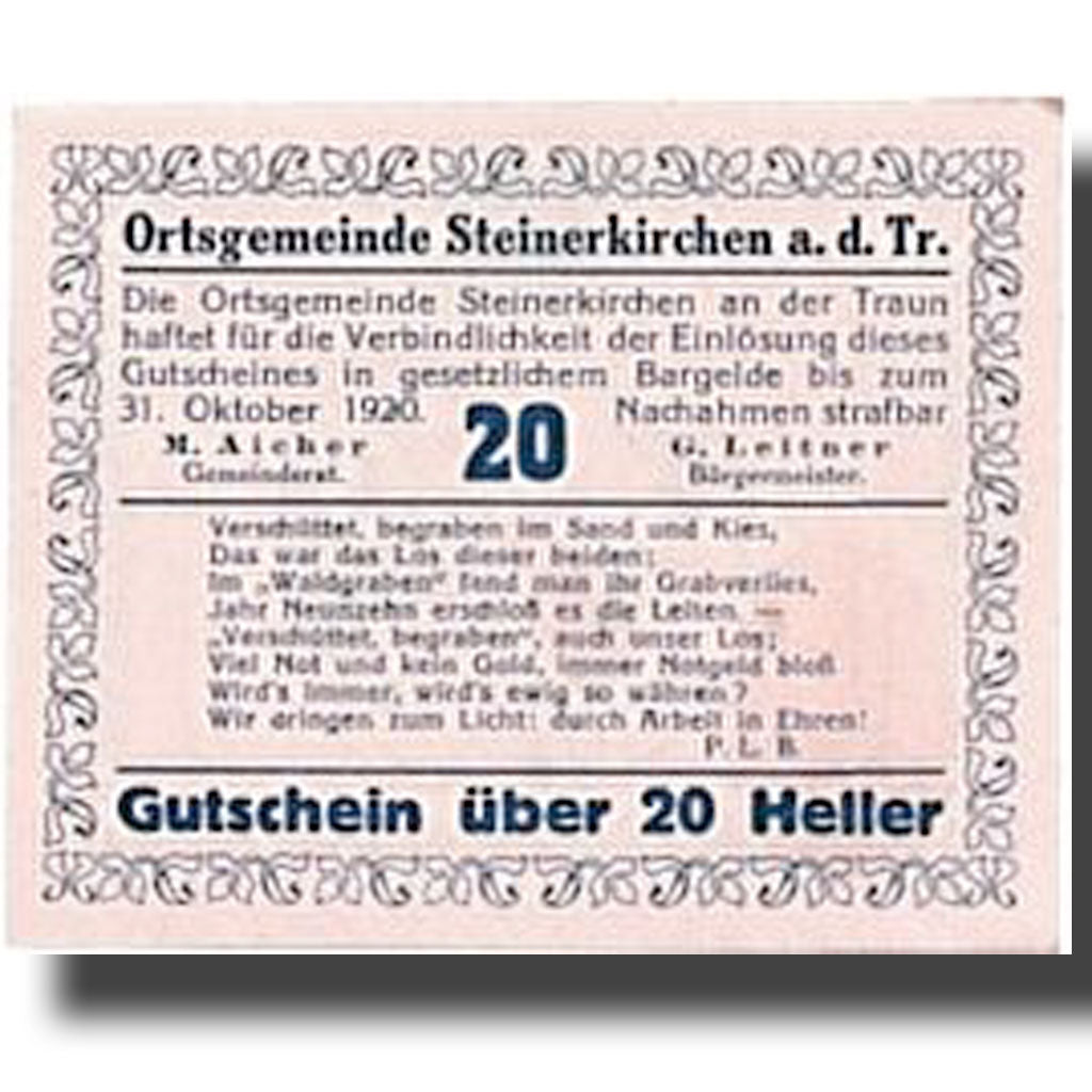 Banknote, Austria, Steinerkirchen an der Traun, 20 Heller, personnage, UNC(63)