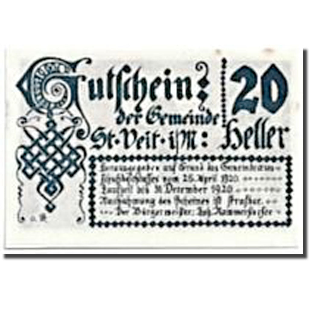 Banconote, Austria, St Veit im Pongau, 20 Heller, Maison, 1920, 1920-04-25, SPL