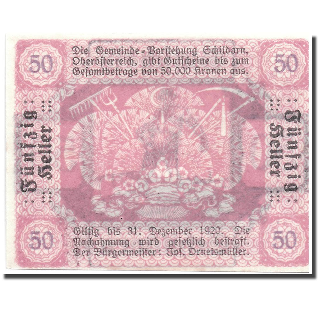 Banknote, Austria, Schildorn, 50 Heller, personnage, 1920-12-31, UNC(63)