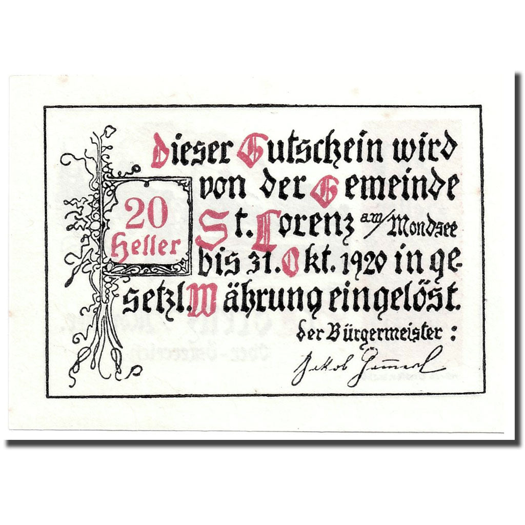 Banknote, Austria, St Lorenz, 20 Heller, paysage, UNC(63), Mehl:904