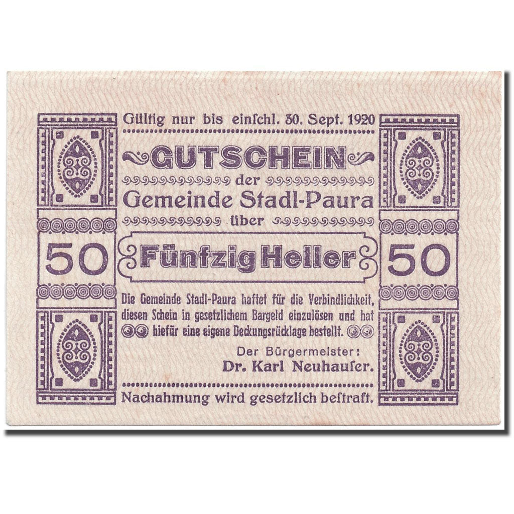 Banconote, Austria, Stadl-Paura, 50 Heller, graphique, 1920, 1920-03-05, SPL