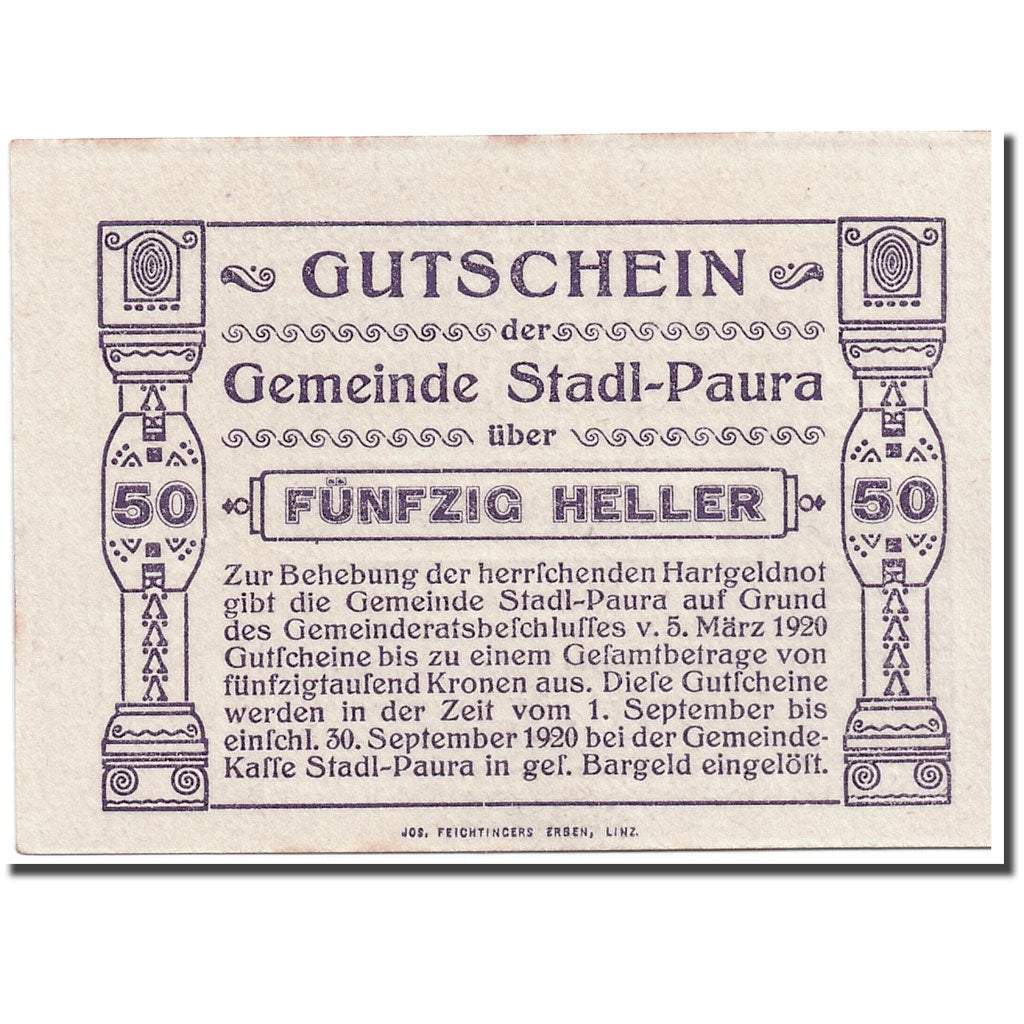 Banconote, Austria, Stadl-Paura, 50 Heller, graphique, 1920, 1920-03-05, SPL