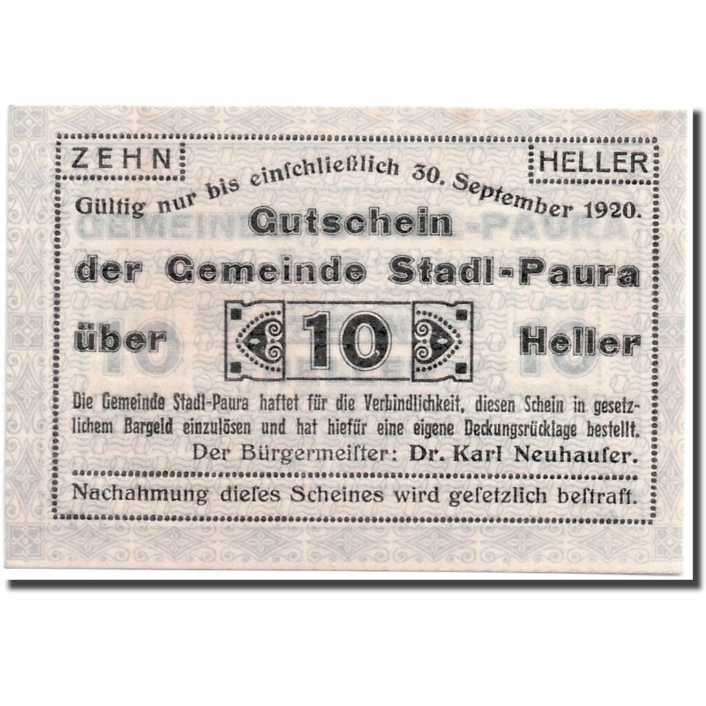 Geldschein, Österreich, Stadl-Paura, 10 Heller, graphique, 1920, 1920-03-05