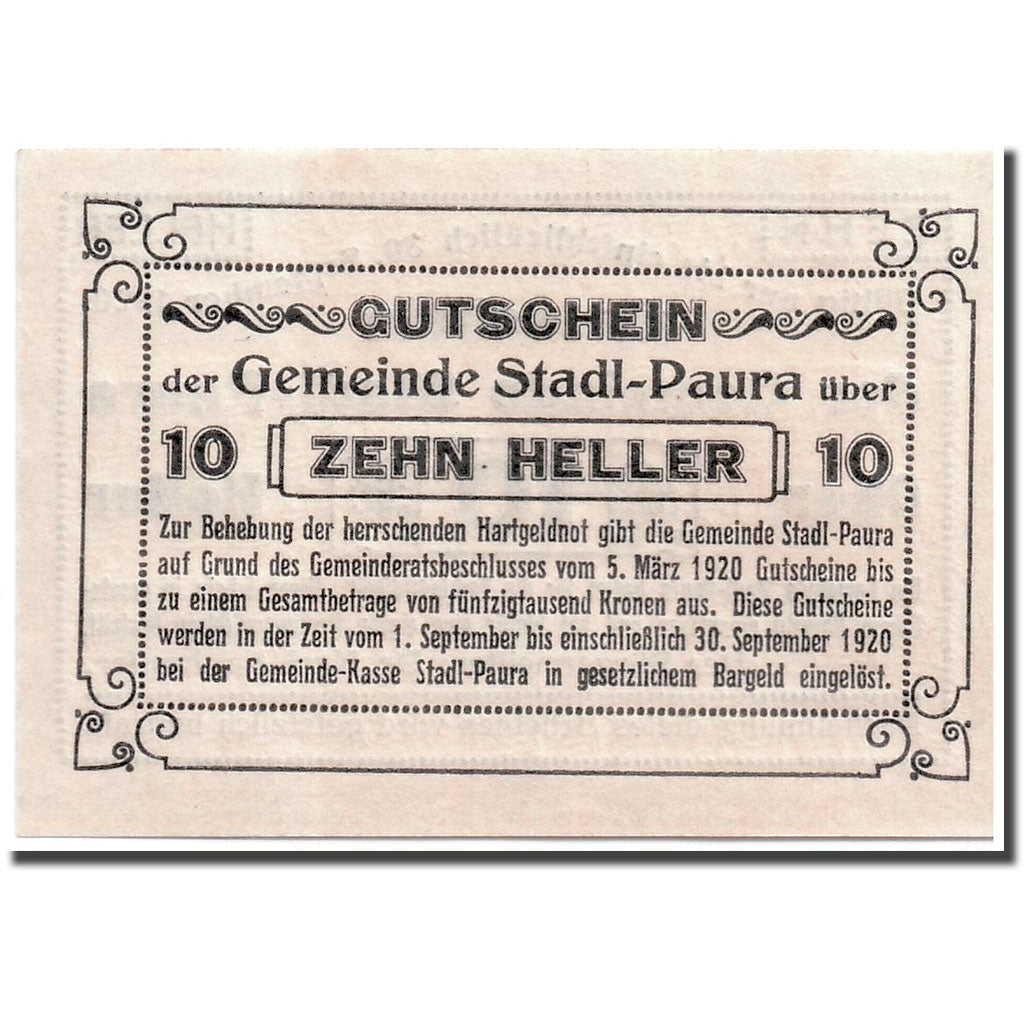 Geldschein, Österreich, Stadl-Paura, 10 Heller, graphique, 1920, 1920-03-05