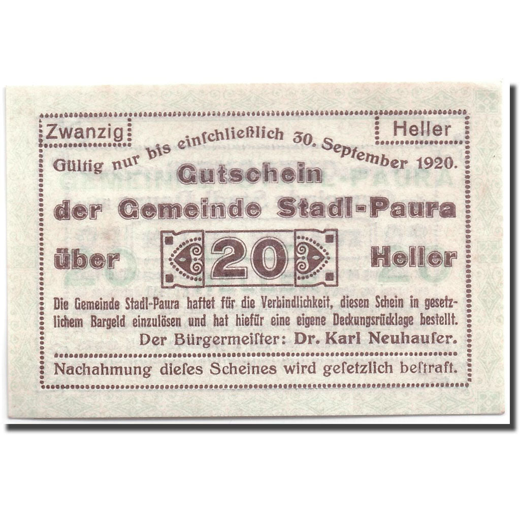 Banknote, Austria, Stadl-Paura, 20 Heller, graphique, 1920, 1920-03-05, UNC(63)