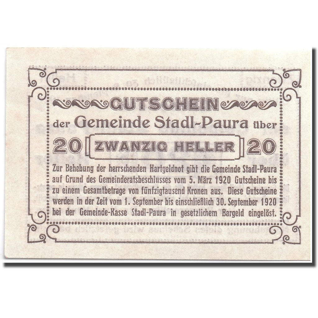 Banknote, Austria, Stadl-Paura, 20 Heller, graphique, 1920, 1920-03-05, UNC(63)