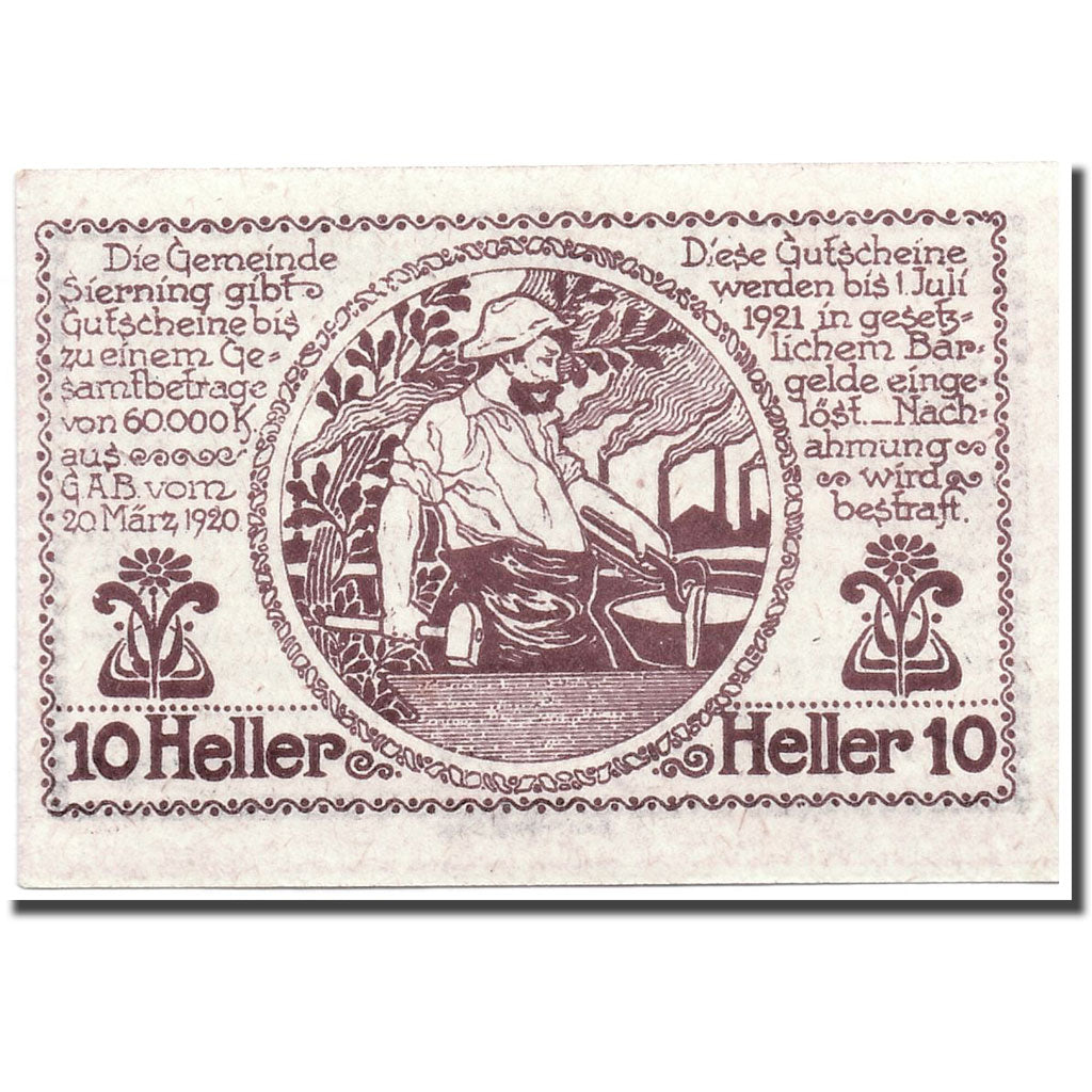Banknote, Austria, Sierning, 10 Heller, paysan, 1920, 1920-03-20, UNC(63)