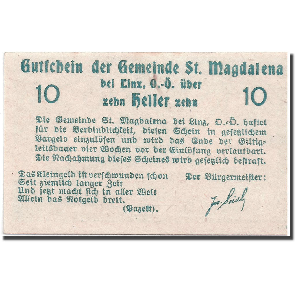 Banknote, Austria, St Magdalena, 10 Heller, paysage, UNC(63), Mehl:906