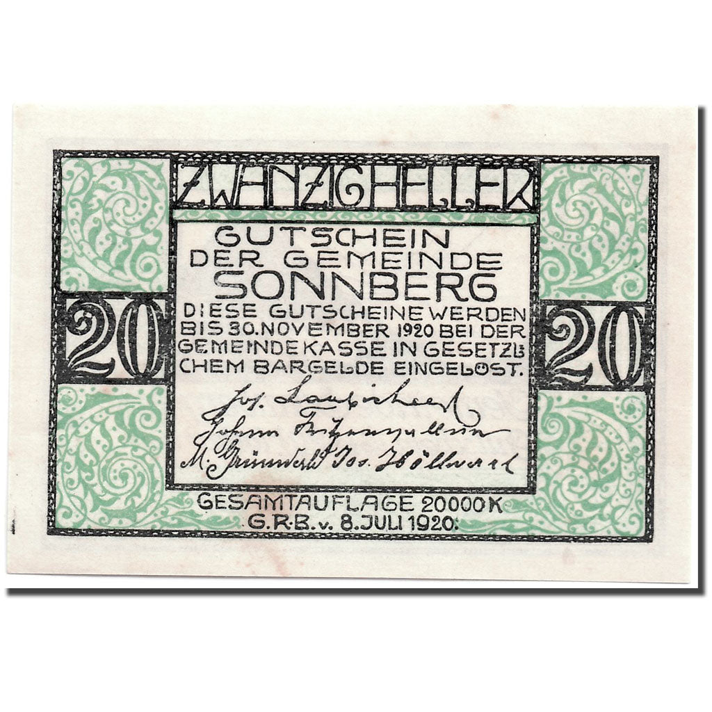 Banknote, Austria, Sonneberg, 20 Heller, paysage, 1920, 1920-07-08, KM:1004