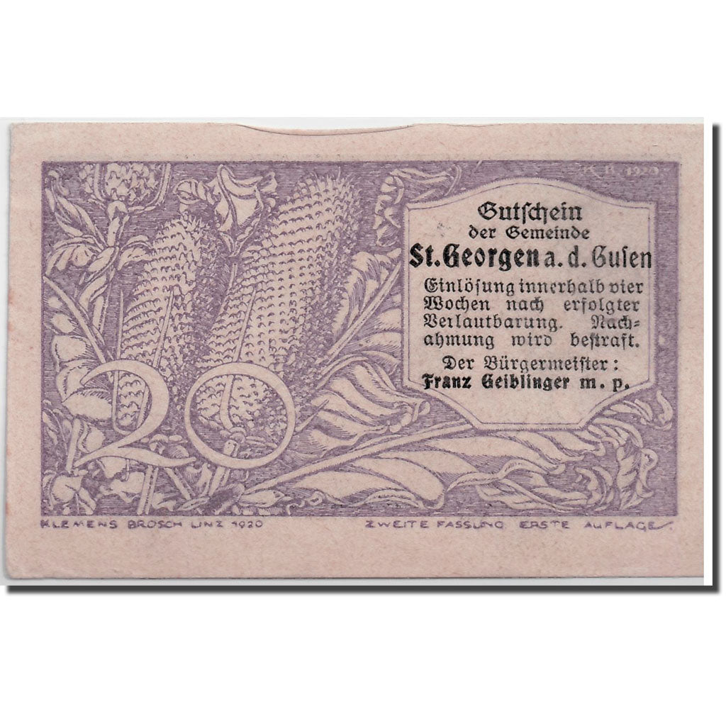 Banknote, Austria, St Georgen, 20 Heller, paysage, UNC(63), Mehl:886