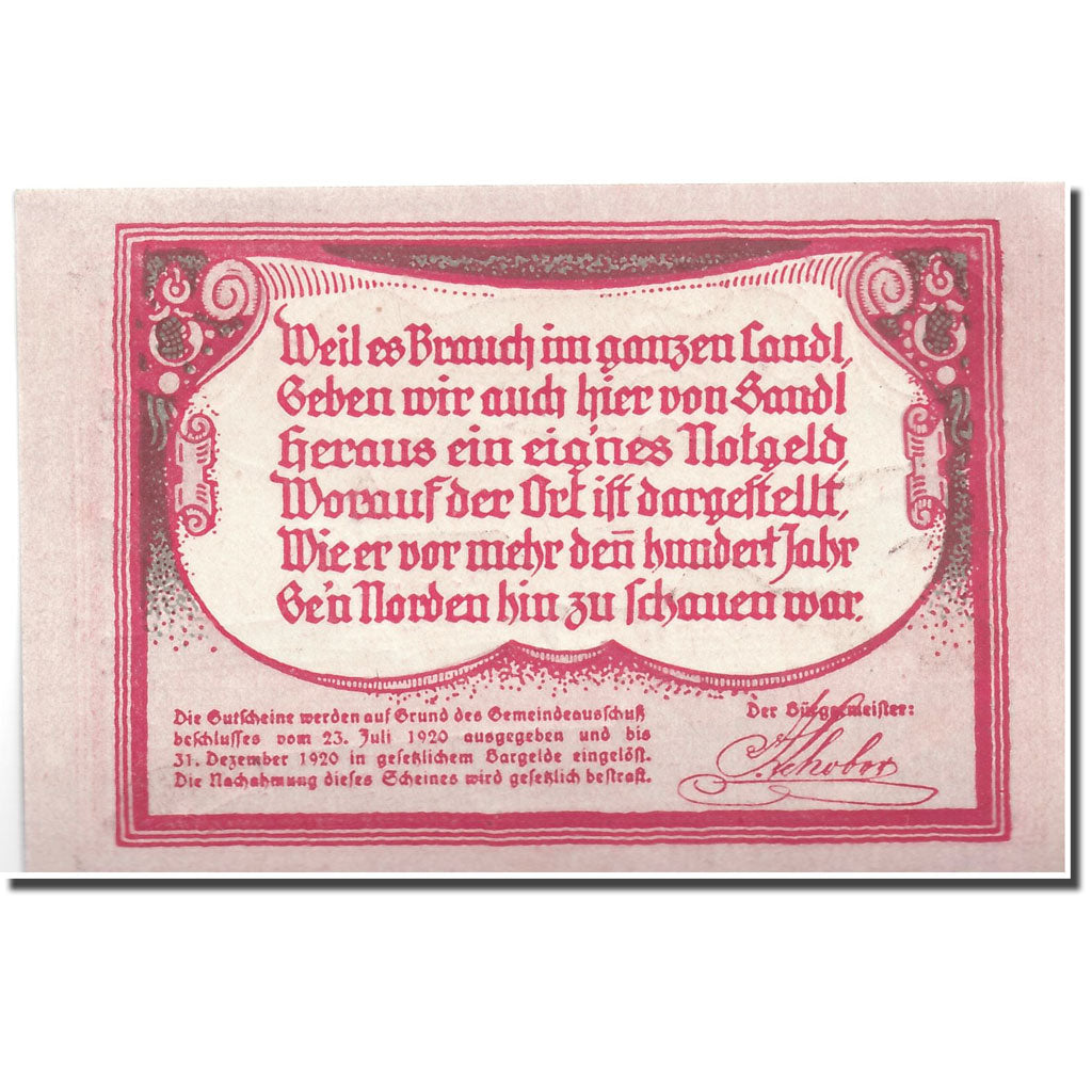 Banknote, Austria, Sandl, 90 Heller, paysage, 1920, 1920-07-23, UNC(63)