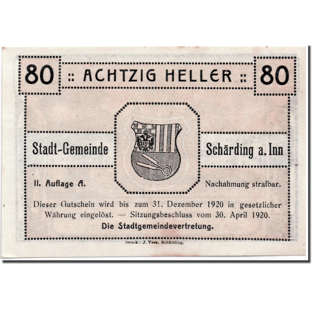 Banknote, Austria, Schärding, 80 Heller, rempart, 1920, 1920-04-30, UNC(63)