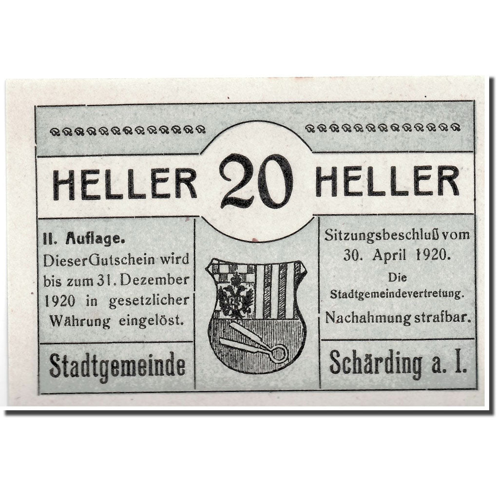 Banconote, Austria, Schärding, 20 Heller, paysage, 1920, 1920-04-30, SPL