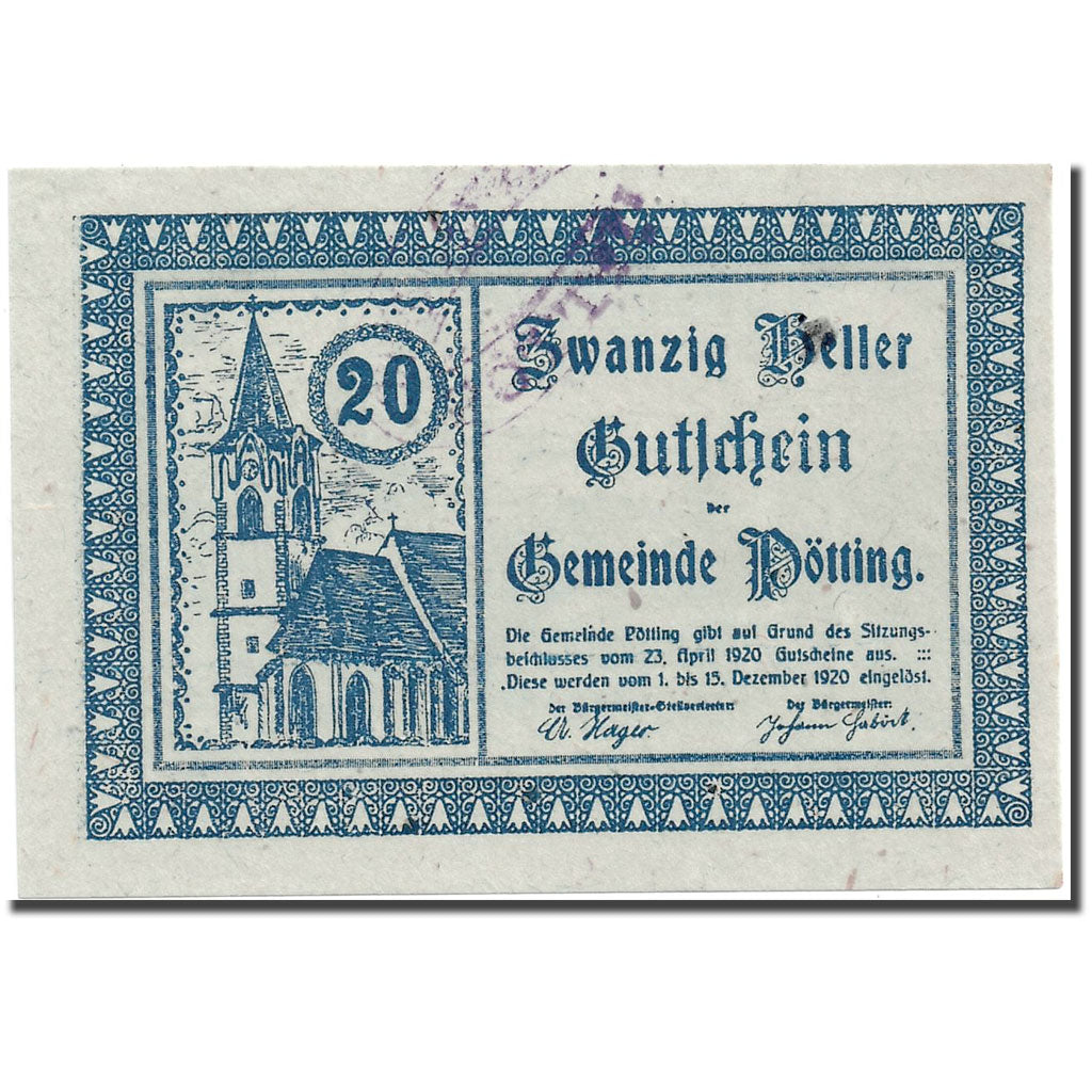 Banknote, Austria, Pötting, 20 Heller, Eglise, 1920, 1920-04-23, UNC(63)