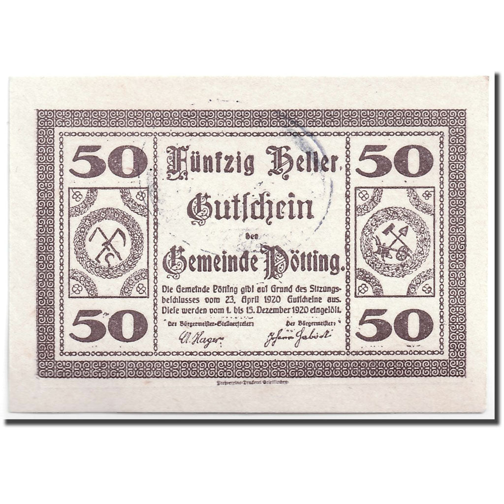 Banknote, Austria, Pötting, 50 Heller, paysage, 1920, 1920-04-23, UNC(63)