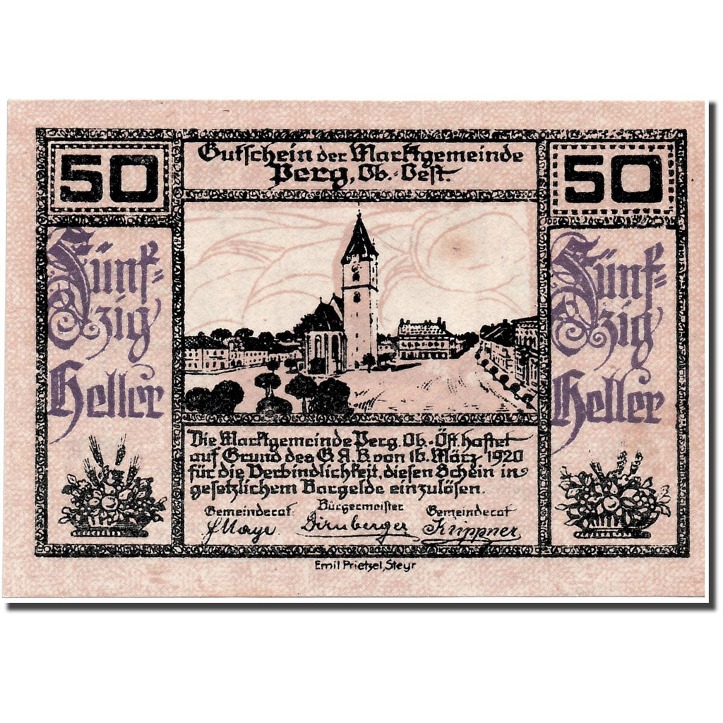 Geldschein, Österreich, Perg, 50 Heller, paysage, 1920, 1920-03-16, UNZ-