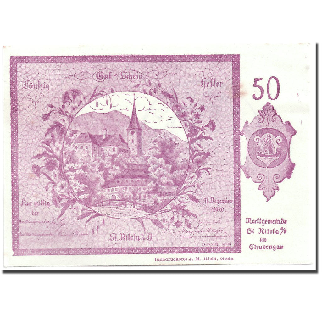 Banknote, Austria, St Nikola ad Donau, 50 Heller, paysage, UNC(63), Mehl:914 I