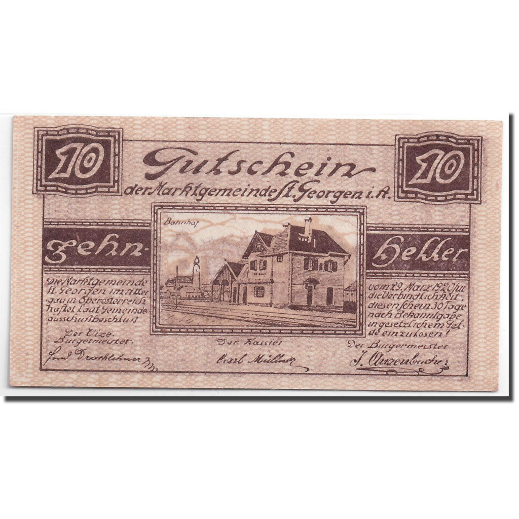 Banknote, Austria, St Georgen im Attergau, 10 Heller, château, 1920