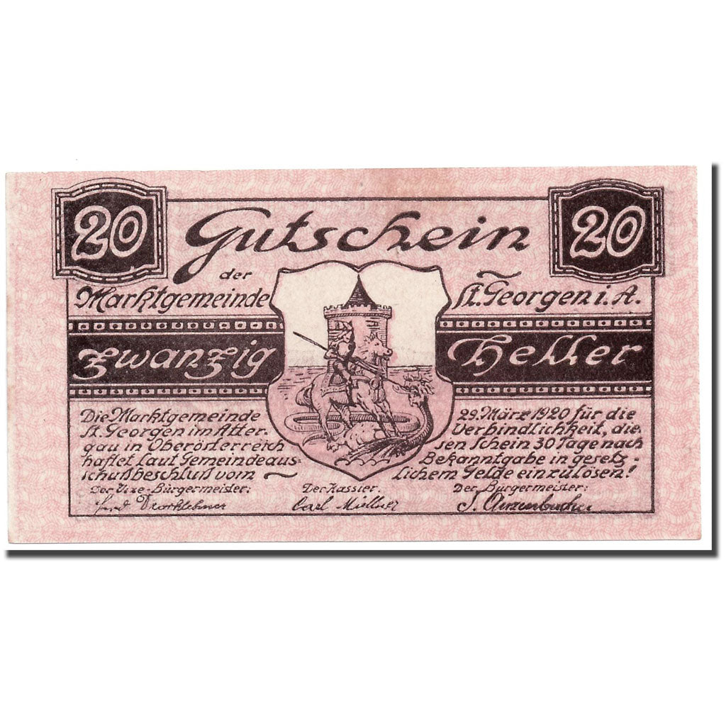 Banknote, Austria, St Georgen im Attergau, 20 Heller, paysage, 1920, 1920-03-29