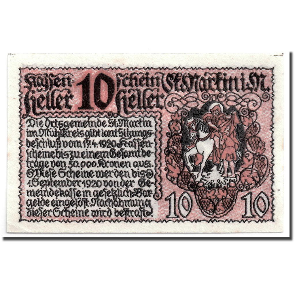 Banknote, Austria, St Martin im Mühlkreis, 10 Heller, paysage, 1920