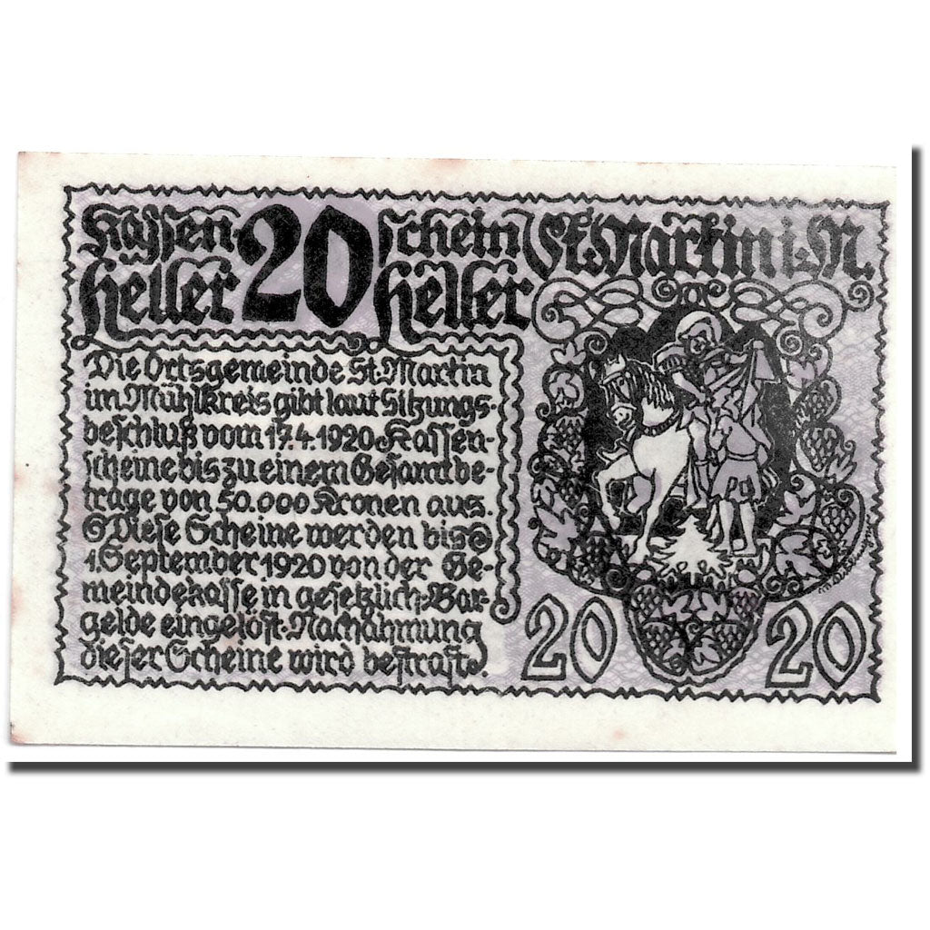 Banknote, Austria, St Martin im Mühlkreis, 20 Heller, paysage, 1920