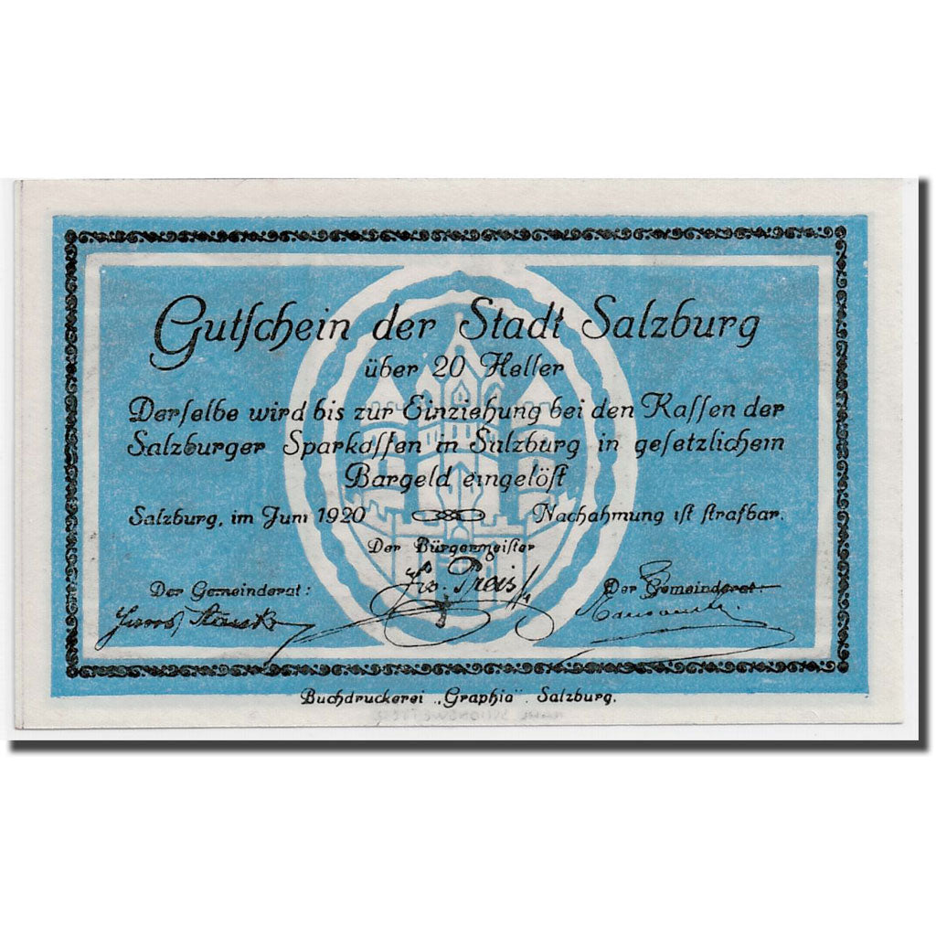 Banknote, Austria, Salzburg, 20 Heller, Eglise, 1920, UNC(63), Mehl:862 I