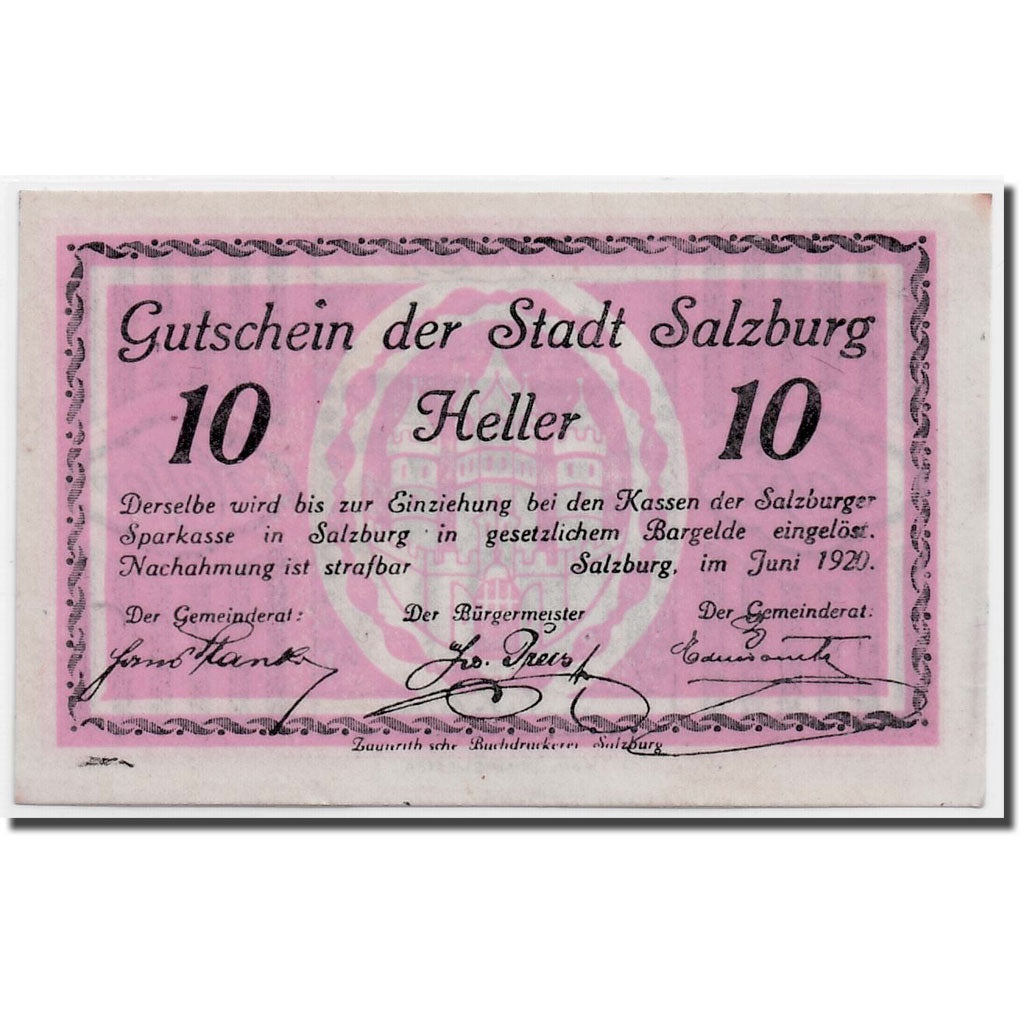Banknote, Austria, Salzburg, 10 Heller, Monument, 1920, UNC(63), Mehl:862 I