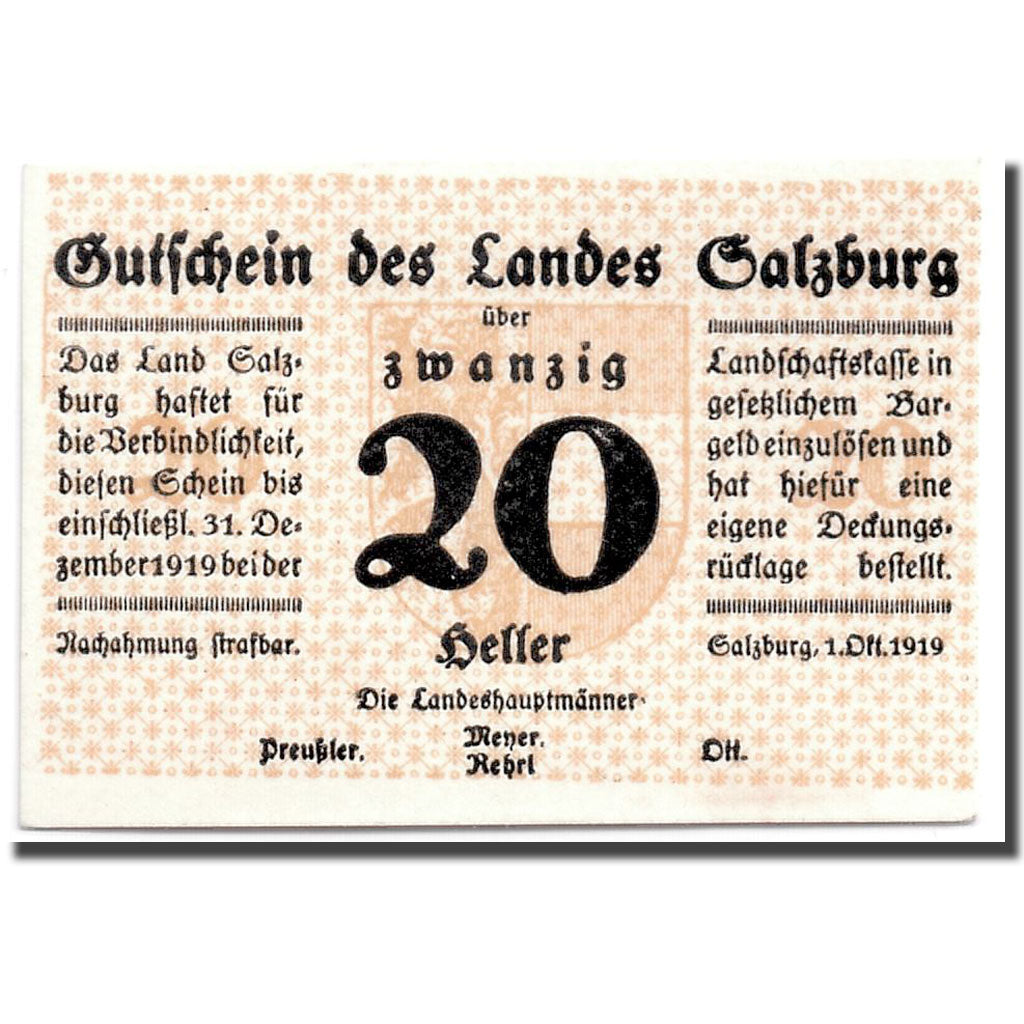 Banknote, Austria, Salzburg, 20 Heller, graphique, 1919, 1919-10-01, UNC(63)